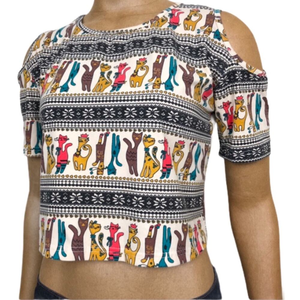 Cropped Cold Shoulder Cat Shirt